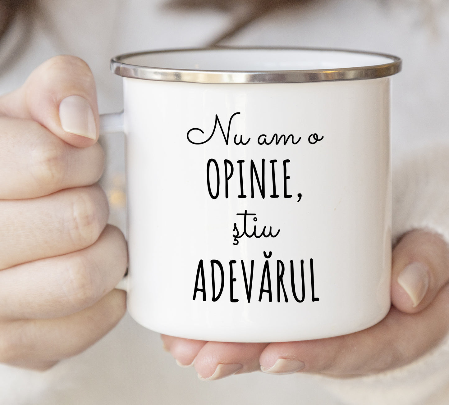 Cană emailată Nu am o opinie, știu adevărul - Lovelo