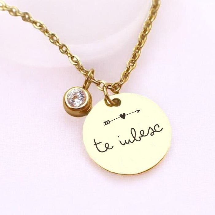 Colier de lux - Pandantiv zirconiu pe lanț - Te iubesc - Lovelo