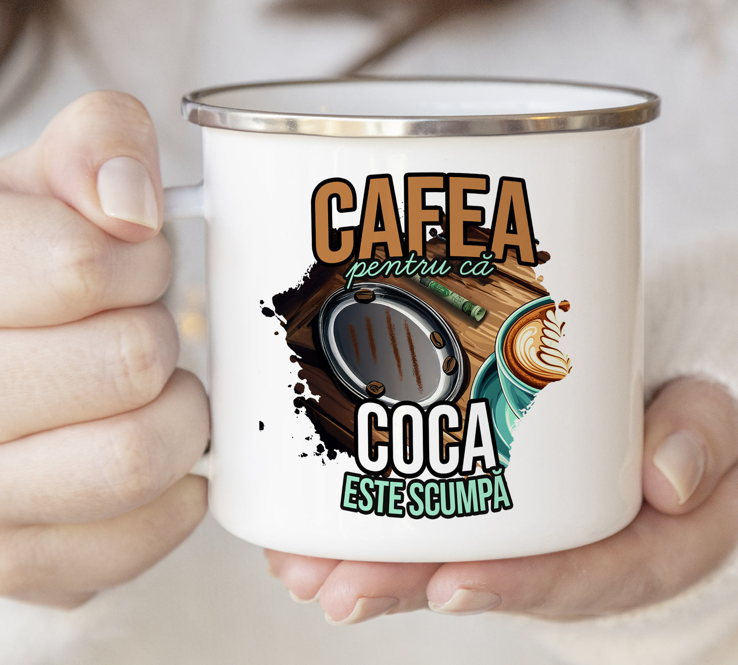 Cană emailată Cafea pentru că coca - Lovelo